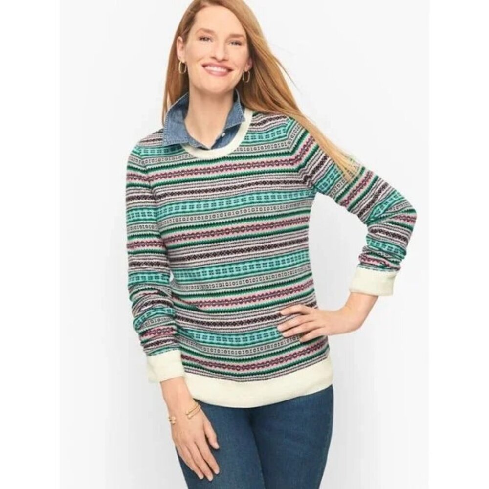 Talbots Petite Womens Size P Striped Fair Isle‎ Colorful Wool Blend Sweater 1212